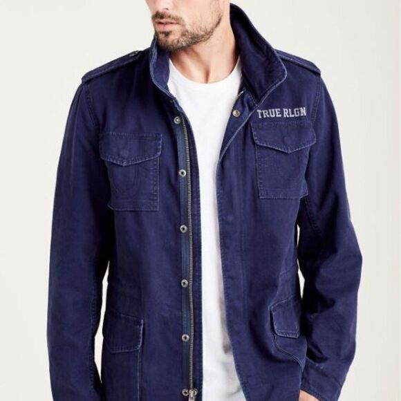 RARE True Religion Jacket Parka Military Jacket Blue Large - Picture 2 of 11